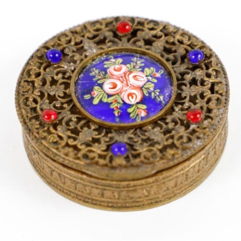 Antique YARDLEY French Gilt Filigree & Enamel Brass Compact Box Floral
